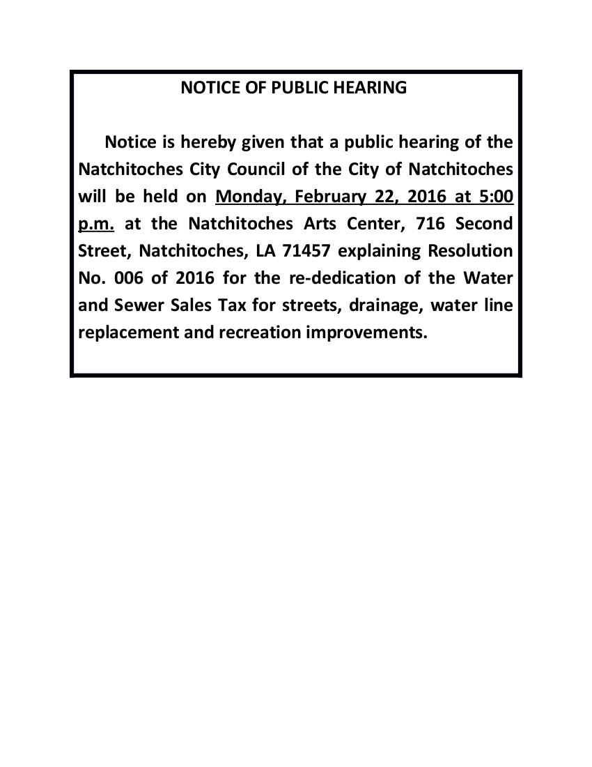 NOTICE OF PUBLIC HEARING SALES AND USE TAX Natchitoches Parish Journal